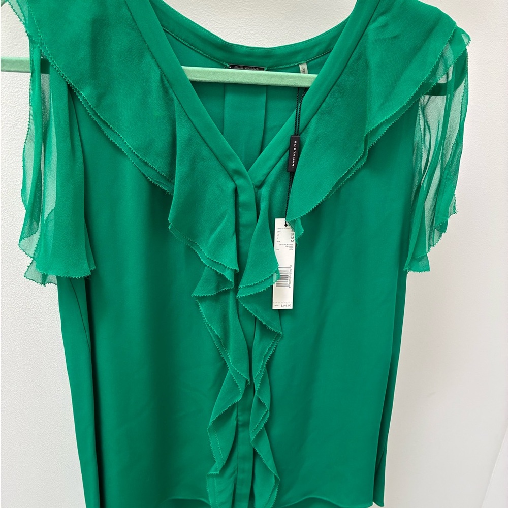 Elie Tahari Green Ruffle V-Neck Sleeveless Blouse